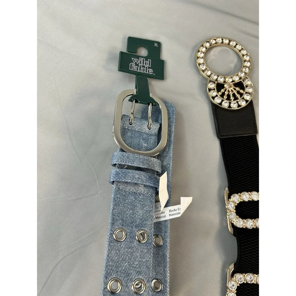 Womens Belt Lot 3 Rhinestone Stretch‎ Denim Grommet Gold Braided Boho